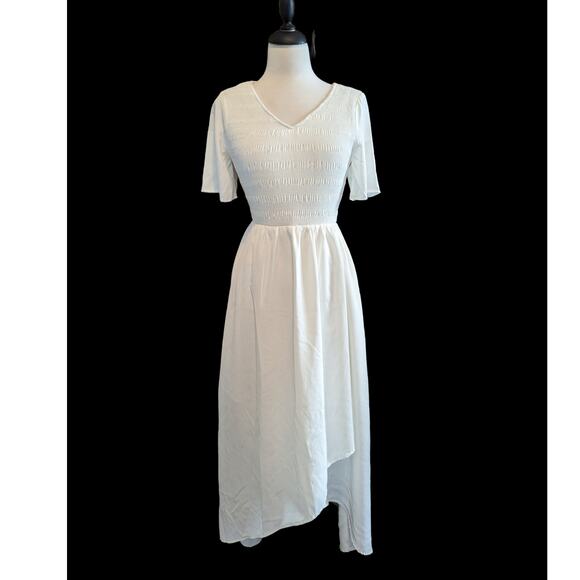 Women Short Sleeve Summer V Neck High Low Smocked Midi Dress Size XS - Picture 2 of 11